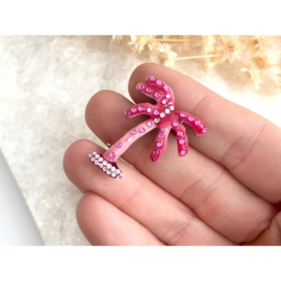 Fuchsia Pink Rhinestoned Palm Tree Figural Vintage Costume Jewelry Brooch - Picture 5 of 10